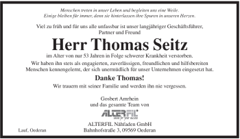 Traueranzeige von Thomas Seitz von Pegnitz-Zeitung